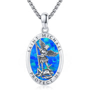 Blue Opal Shell St Michael Archangel Medal Necklace 925 Silver Oval Catholic  Pendant Protector Patron Saint Jewelry for Women Men