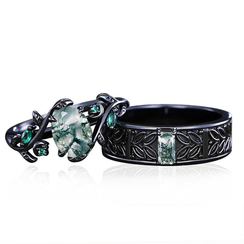 Sterling Silver 10K 14K 18K Gold Natural Leaf  Moss Agate Engagement Anniversary Couple Ring Sets