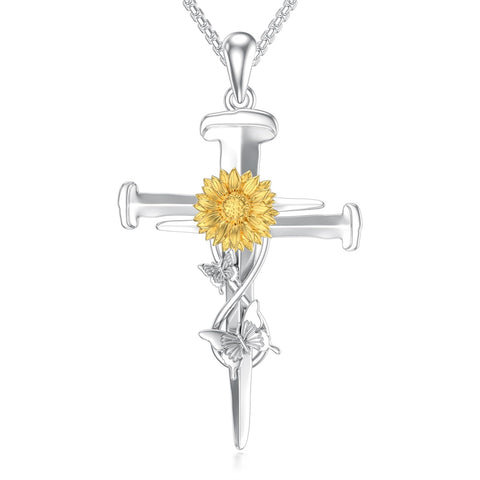 Sterling Silver Lion Semicolon Rose Sunflower Cross Pendant Religious Necklace