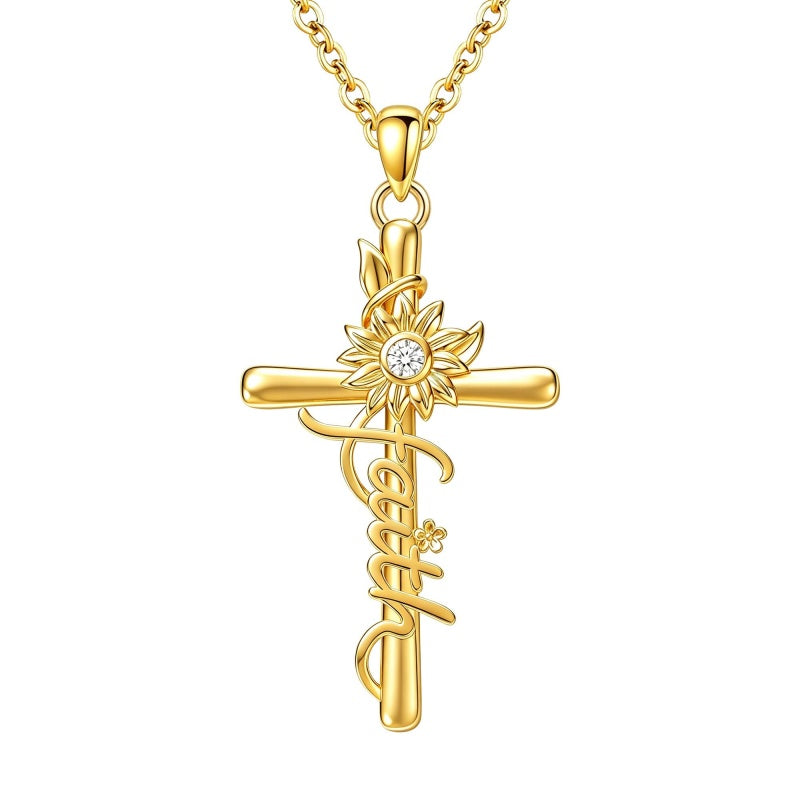 14K Gold Plated Faith Cross Pendant Necklace Religious Gifts for Women