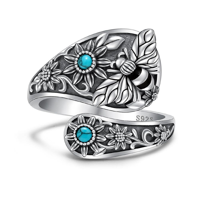 Sterling Silver Turquoise Hummingbird Butterfly Sunflower Adjustable Spoon Ring
