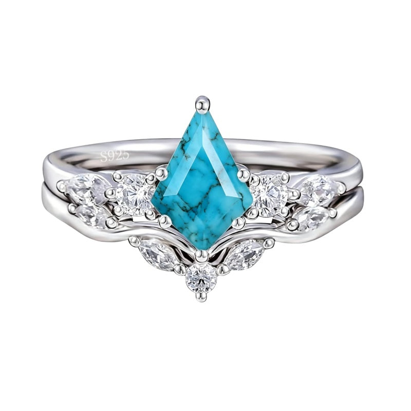 Sterling Silver Personalized Engraved 1-3CT Turquoise Engagement  Wedding Promise Ring Set for Her