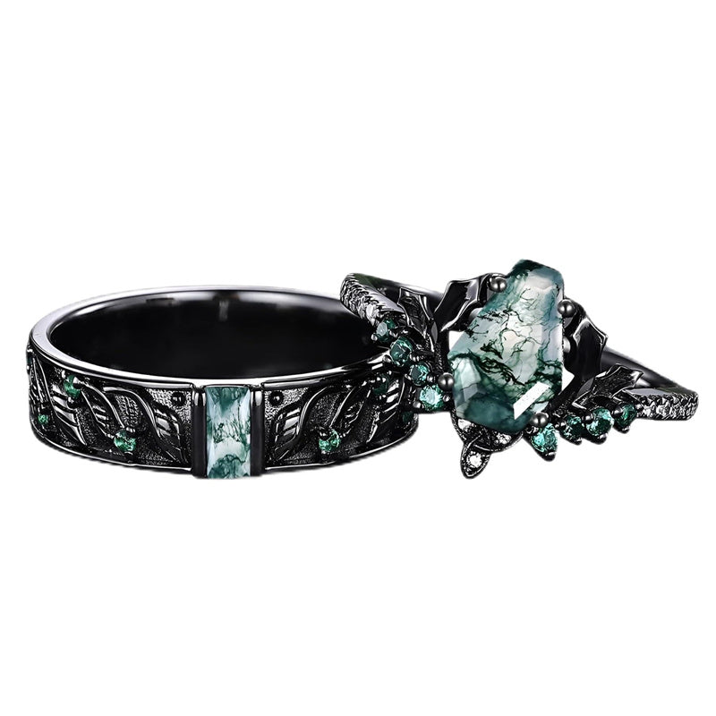 Sterling Silver 10K 14K 18K Gold Natural Leaf  Moss Agate Engagement Anniversary Couple Ring Sets