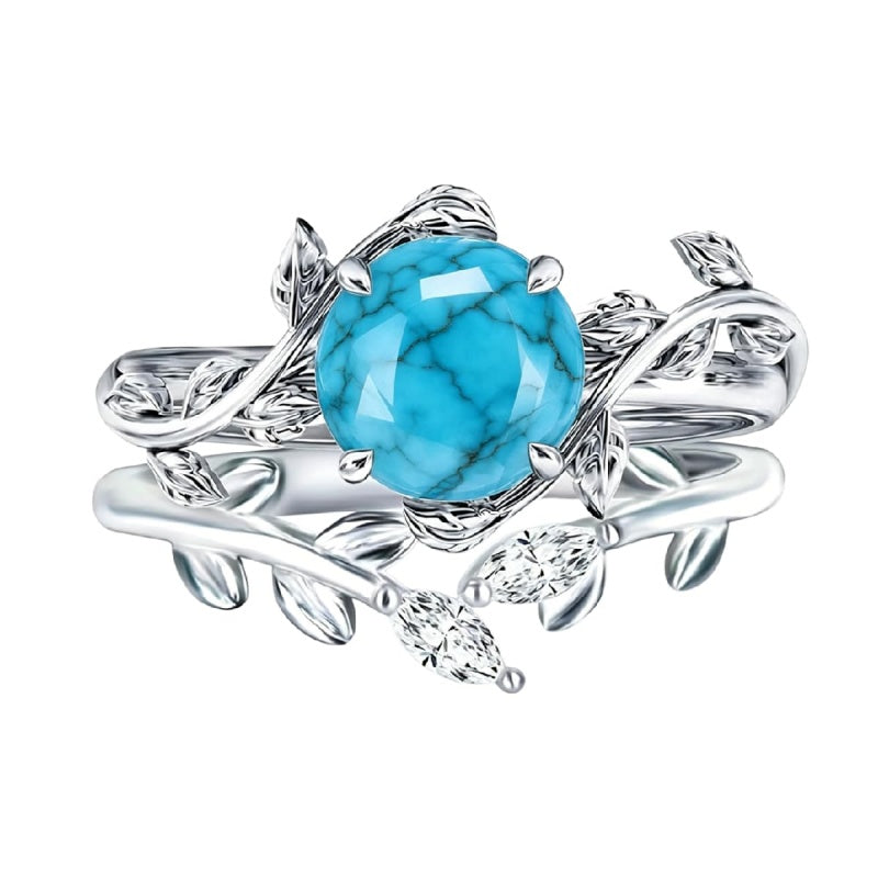 Sterling Silver Personalized Engraved 1-3CT Turquoise Engagement  Wedding Promise Ring Set for Her