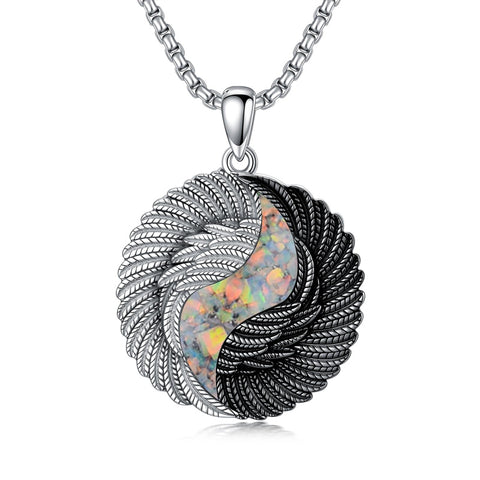 Sterling Silver Turquoise Obsidian Opal Tiger's Eye Yin Yang Angel Wings Pendant Necklace