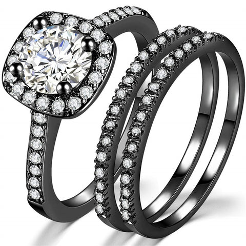 Copper Cubic Zirconia Three-in-One Halo Engagement Wedding Band Ring Set