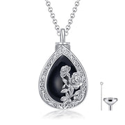 Rose/Hummingbird Urn Necklace 925 Sterling Silver Black Onyx Ashes Keepsake Pendant Flower Cremation Jewelry for Women