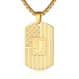 14K Gold Plated Initial A-Z American Flag Dog Tag Necklace for Men