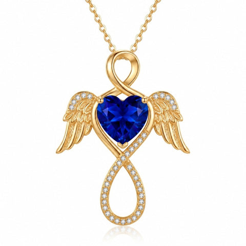 14K Gold Plated 12-Month Birthstone Infinity Angel Wings Pendant Necklace for Women
