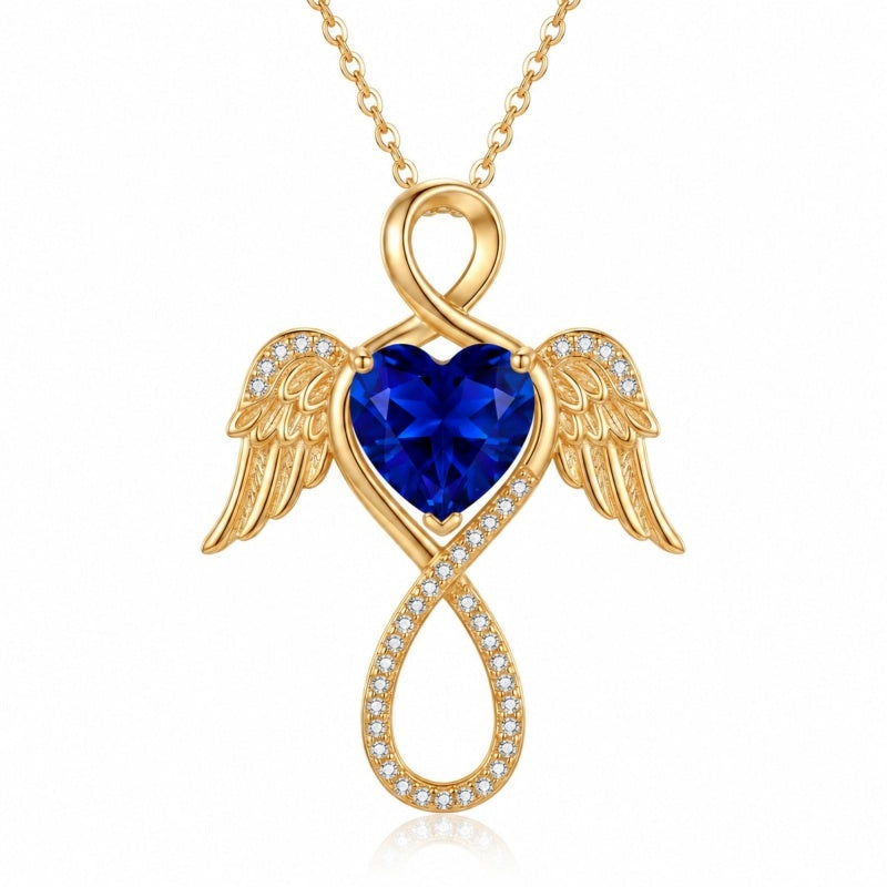 14K Gold Plated 12-Month Birthstone Infinity Angel Wings Pendant Necklace for Women
