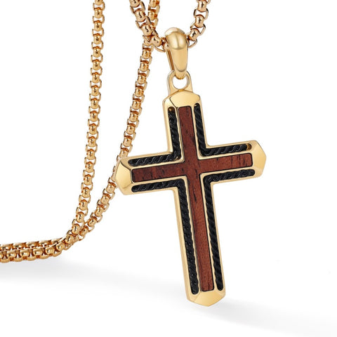 14K Gold Plated Wooden Cross Necklace Jewelry Gift for Him