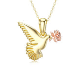 14K Gold Rose Flower Flying Pigeon Pendant Necklace