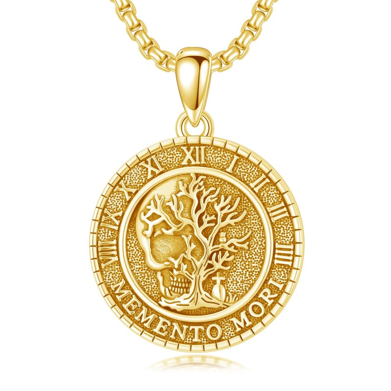 Sterling Silver Memento Mori Gothic Skull Amulet Pendant Necklace for Men