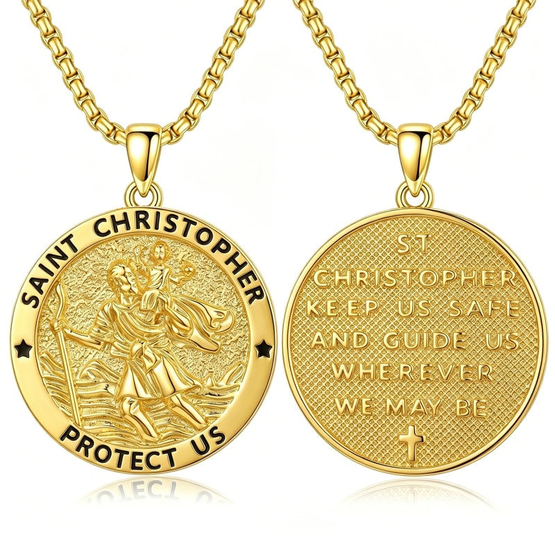 14K Gold Plated Saint Medal Christian  Pendant Necklace for Men