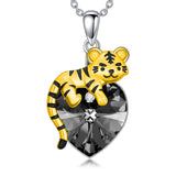 Sterling Silver  Heart Shaped Crystal Tiger Pendant Necklace