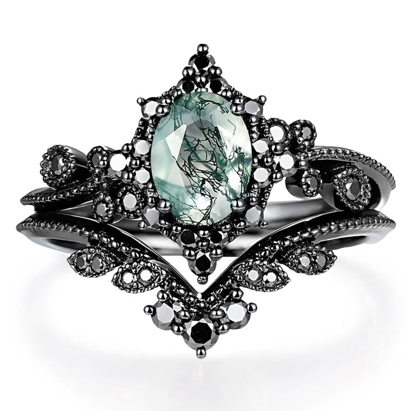 Sterling Silver 2CT Moss Agate  Engagement Wedding Ring Sets for Women