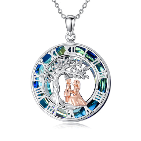 Sterling Silver Blue Crystal Tree of Life Father Daughter Mother Daughter Sister Pendant Necklace