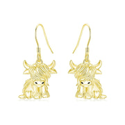 10K 14K 18K Gold Highland Cow Animal Earrings