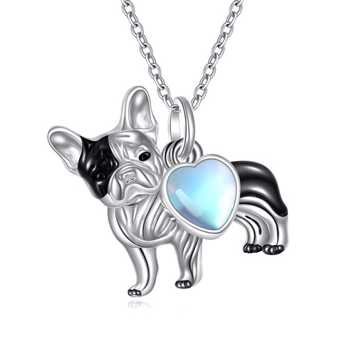 Sterling Silver Moonstone French Bulldog Yorkie Dog Pendant Necklace