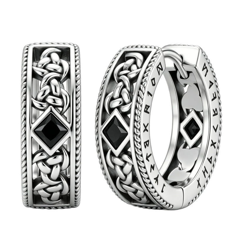 14K Gold Plated  Cubic Zircon Norse Viking Runes Hoop Earrings Viking Jewelry Gift for Men