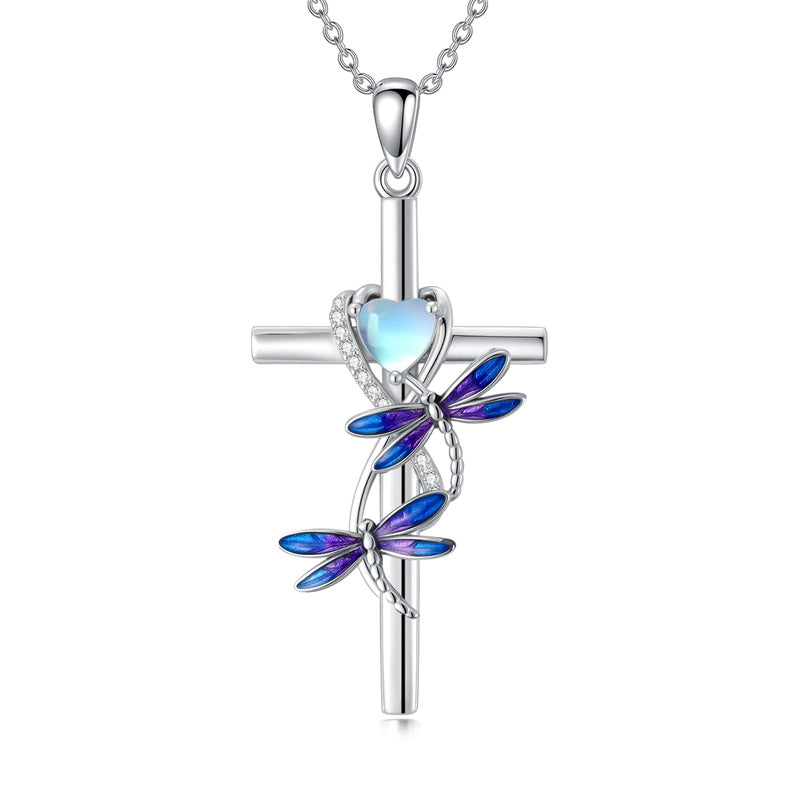 Sterling Silver Cross Moonstone Dragonfly Butterfly Bee Hummingbird Ladybug Pendant  Necklace for Women