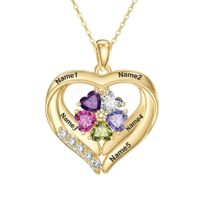 14K Gold Plated Personalized 1-5 Heart Birthstone Names Necklace  for Women