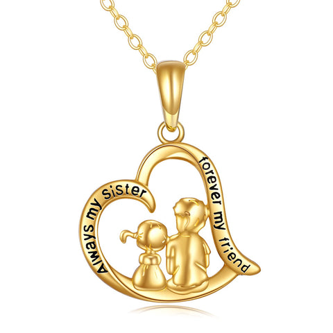 14K Gold Sister Brother Heart Pendant Necklace With Engraved