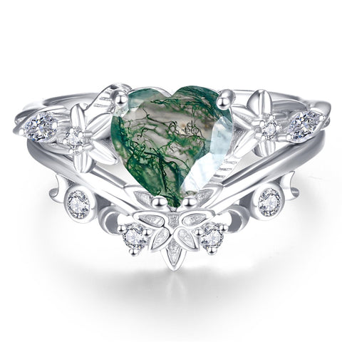 Sterling Silver 10K 14K 18K Gold Heart Moss Agate Opal Cubic Zirconia Promise Rings For Women