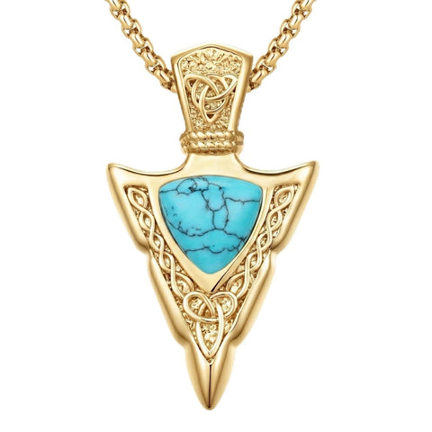 14K Gold Plated Moss Agate Turquoise Valknut Viking Arrow Head Pendant Necklace for Men