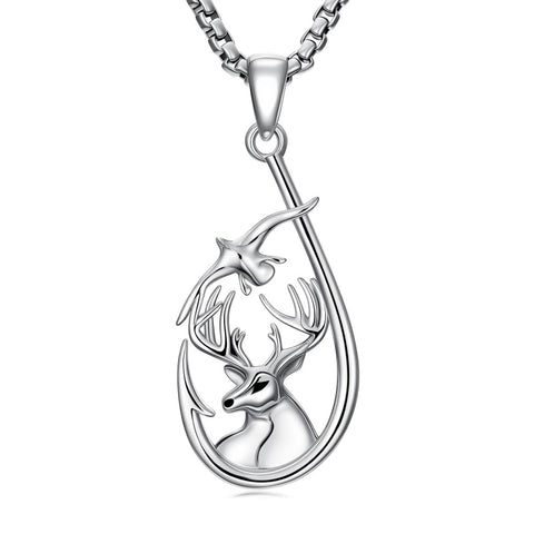 Sterling Silver Deer Bass Fish Wild Duck Fish Hook Pendant Necklace Hunting Jewelry Gifts for Men