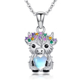 Highland Cow Necklace 925 Sterling Silver Cow Moonstone Pendant Colored Cubic Zirconia Cow Animal Jewelry for Women