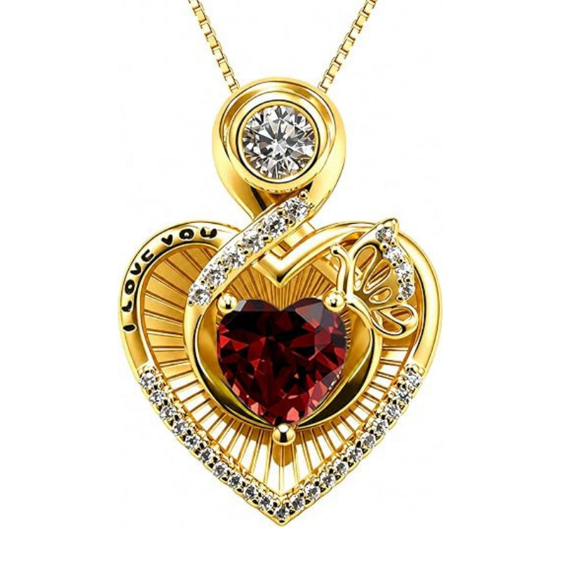 14K Gold Plated  Heart Birthstone Butterfly Necklace Engraved with  I Love You