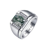 Sterling Silver 10K 14K 18K Gold Personalized Engraved Moss Agate Men's Wedding Ring Engagement Ring