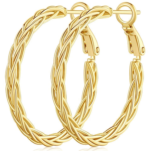 14K Gold Plated Thick Twisted Hoop Earrings for Women