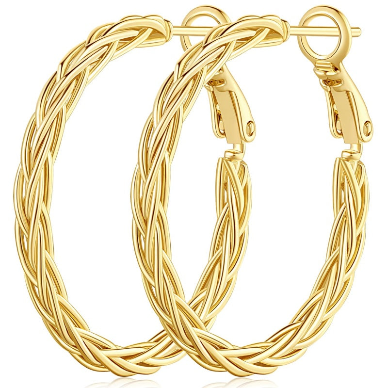 14K Gold Plated Thick Twisted Hoop Earrings for Women