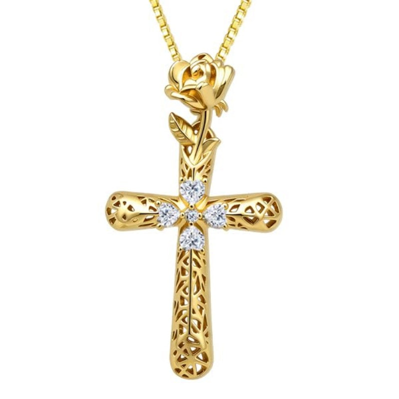14K Gold Plated  Cubic Zirconia  Filigree Pendant Rose Cross Necklace