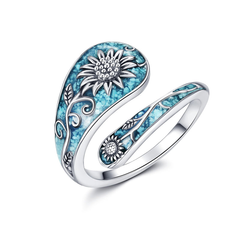 Sterling Silver Turquoise Hummingbird Butterfly Sunflower Adjustable Spoon Ring