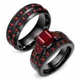 Sterling Silver 10K 14K 18K Gold Personalized Engraved  Halloween Dark Red Gemstone Couple Ring Set