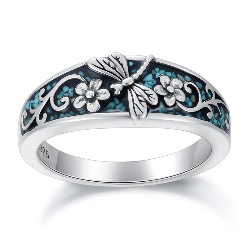 Sterling Silver Turquoise  Dragonfly Hummingbird Turtle Butterfly Mountain Celtic Knot Lotus Ring  Gifts for Women