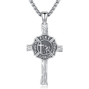 Sterling Silver Firefighter & Cross Pendant Necklace Necklace for Men