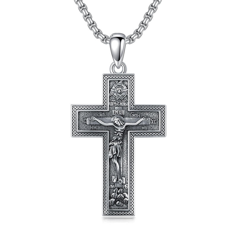 Sterling Silver Wooden Lion Orthodox Sword Wolf Cross Pendant Necklace