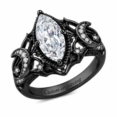 Sterling Silver 10K 14K 18K Gold Moissanite Gothic Black  Engagement Wedding Ring  for Women