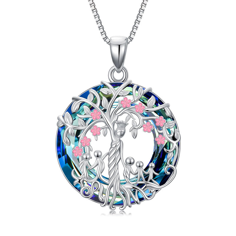 Sterling Silver Crystal Tree of Life Family Pendant Necklace for 1 to 5 Children