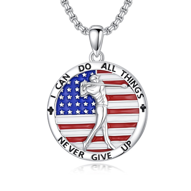 Sterling Silver American Flag Baseball  Basketball Boxing Football Golf Sports Pendant Necklace