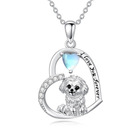 Sterling Silver Moonstone Pug Chihuahua Poodle German Shepherd Maltese Pendant Necklace Engraved wth I Love You Forever