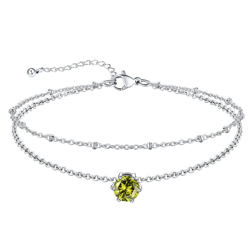Sterling Silver  Round Birthstone Double Layer Charm Anklet