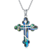 Sterling Silver  Abalone Shell Eastern Orthodox Cross Religious Pendant Necklace