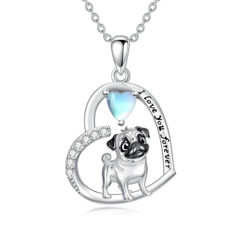 Sterling Silver Moonstone Pug Chihuahua Poodle German Shepherd Maltese Pendant Necklace Engraved wth I Love You Forever