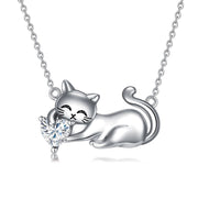 Cat Necklace with Birthstone 925 Sterling Silver Cat Pendant Necklace Gift for Women