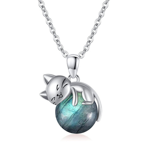 14K Gold Turquoise Larimar Labradorite Moss Agate Blue Sandstone  Cat Pendant Necklace